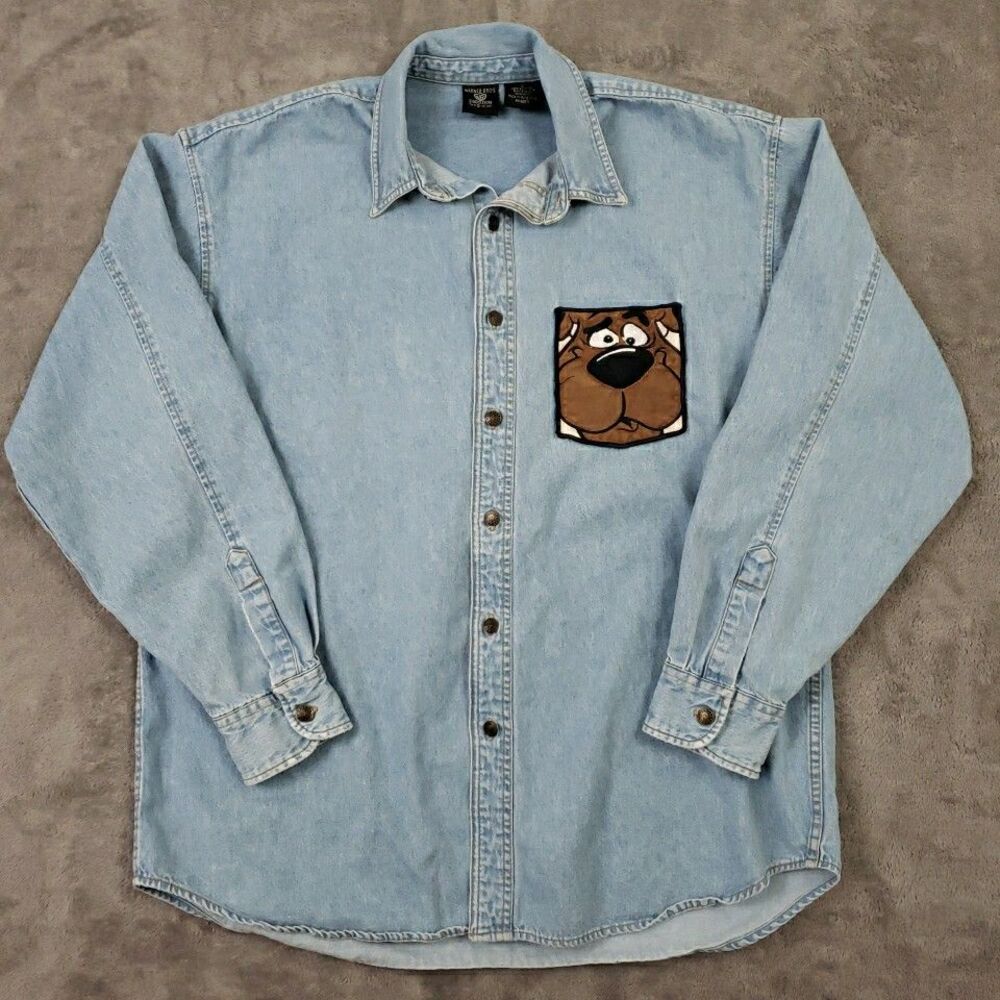 Warner Brothers Studio Store Denim Shirt Scooby Pocket Button Long Sleeve Mens L